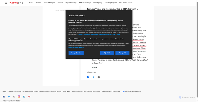 Security scan screenshot of https://www.hoopshype.com/story/sports/nba/rumors/2025/10/08/tawanna-turner-and-iverson-married-in-2001-iversons/86588947007/