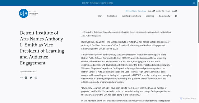 Security scan screenshot of https://dia.org/about/media-room/news/detroit-institute-arts-names-anthony-l-smith-vice-president-learning-and