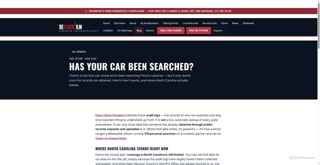 Security scan screenshot of https://deflockilm.org/has-your-car-been-searched-flock/