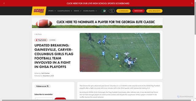 Security scan screenshot of https://www.scoreatl.com/stories/breaking-gainesville-carver-columbus-girls-flag-football-team-involved-in-a-fight-in-ghsa-playoffs