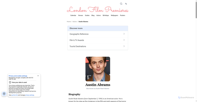 Security scan screenshot of https://londonfilmpremieres.com/actors/austin-abrams