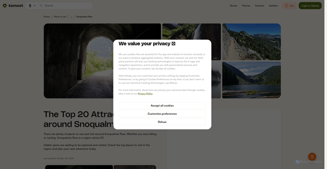 Security scan screenshot of https://www.komoot.com/guide/2403248/attractions-around-snoqualmie-pass