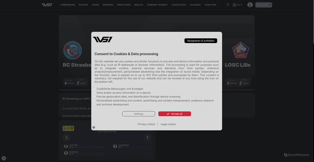 Security scan screenshot of https://one-versus-one.com/en/results/rc-strasbourg-vs-losc-lille/match/2025-01-25