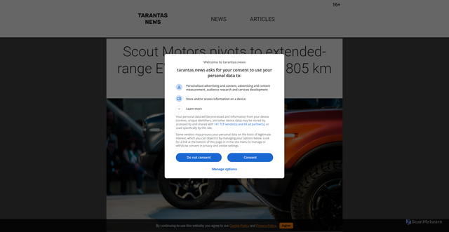 Security scan screenshot of https://tarantas.news/en/posts/id4654-scout-motors-bets-on-erev-suvs-and-pickups-with-800v-tech