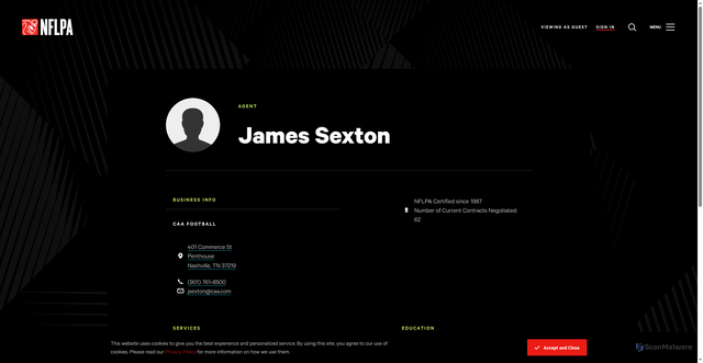 Security scan screenshot of https://nflpa.com/profile/agent/13878