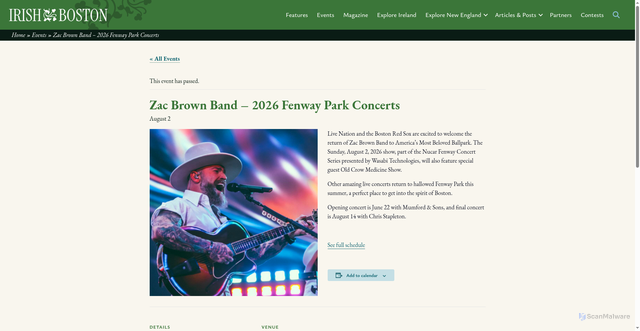Security scan screenshot of https://irishboston.org/event/zac-brown-band-2026-fenway-park-concerts/