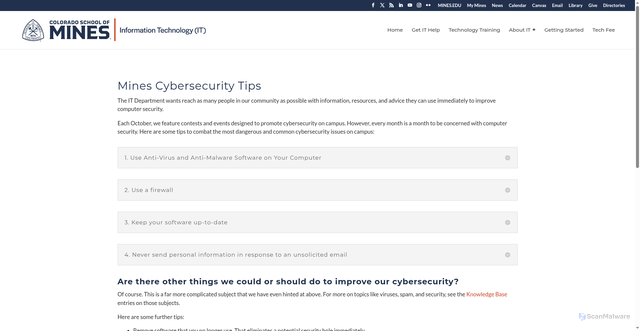 Security scan screenshot of https://it.mines.edu/security-resources/cybersecurity-tips/