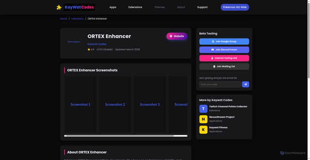 Security scan screenshot of https://kaywat-codes.pages.dev/views/ortex-enhancer.html
