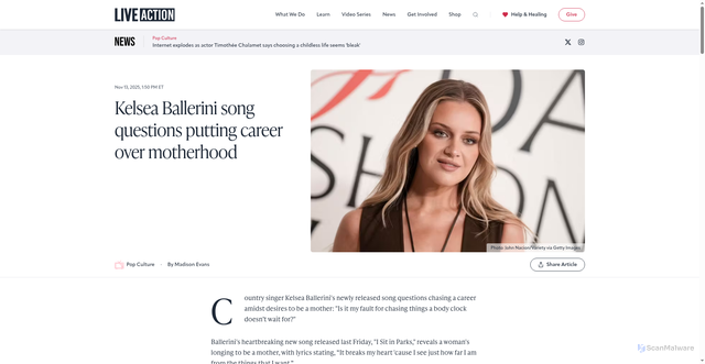 Security scan screenshot of https://www.liveaction.org/news/kelsea-ballerini-song-career-over-motherhood