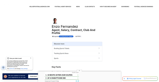 Security scan screenshot of https://www.footballagencies.com/player/enzo-fernandez/
