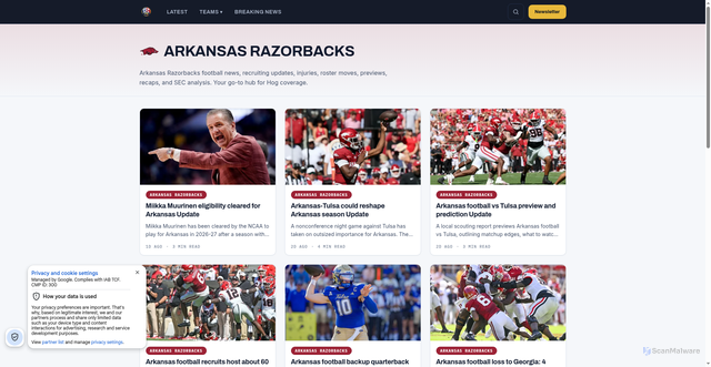 Security scan screenshot of https://secfb.com/teams/arkansas-razorbacks/