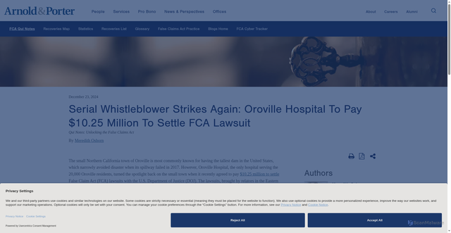 Security scan screenshot of https://www.arnoldporter.com/en/perspectives/blogs/fca-qui-notes/posts/2024/12/serial-whistleblower-strikes-again