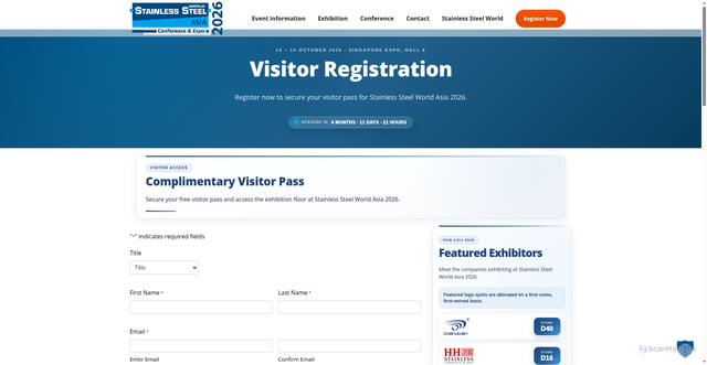 Security scan screenshot of https://stainless-steel-world-asia.com/exhibition/visitor-registration/?utm_source=edm&utm_medium=email&utm_campaign=grab_voucher_registration&utm_content=final_cta