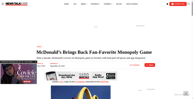 Security scan screenshot of https://newstalkcleveland.com/3913223/mcdonalds-monopoly-returns-2025/