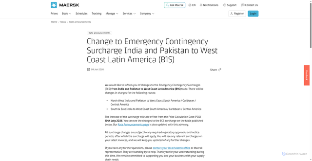 Security scan screenshot of https://www.maersk.com/news/articles/2026/06/09/change-to-ecs-india-and-pakistan-to-west-coast-latin-america-b1s