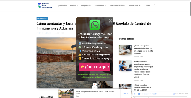 Security scan screenshot of https://noticiasparainmigrantes.org/como-contactar-y-localizar-a-un-detenido-por-ice-servicio-de-control-de-inmigracion-y-aduanas-pag2/