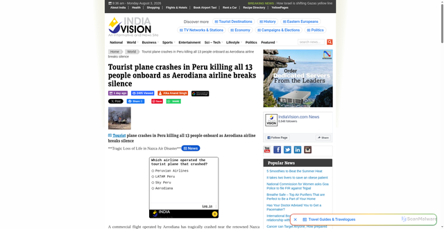 Security scan screenshot of https://www.indiavision.com/international/tourist-plane-crashes-in-peru-killing-all-13-people-onboard-as-aerodiana-airline-breaks-silence/605529/
