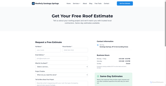 Security scan screenshot of https://lp260219-0537-rooferly-saratoga-springs-c9jofs.pages.dev/contact/
