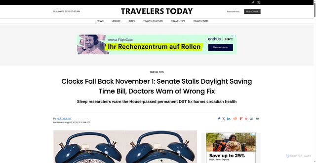 Security scan screenshot of https://www.travelerstoday.com/articles/60708/20260802/clocks-fall-back-november-1-senate-stalls-daylight-saving-time-bill-doctors-warn-wrong-fix.htm