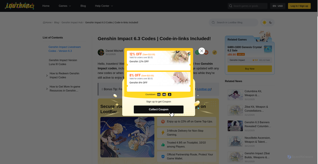 Security scan screenshot of https://lootbar.gg/blog/en/genshin-impact-codes.html
