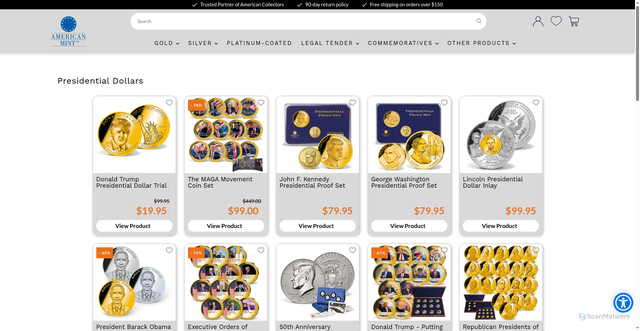 Security scan screenshot of https://www.americanmint.com/collections/presidential-dollars