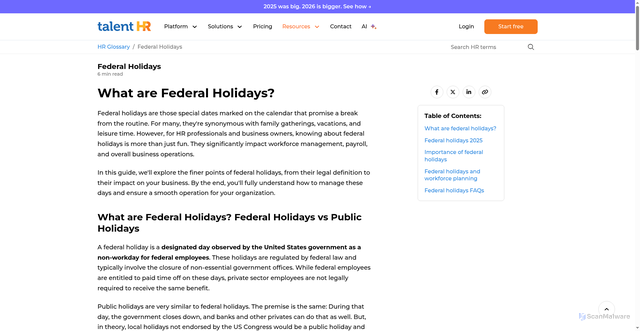 Security scan screenshot of https://www.talenthr.io/resources/hr-glossary/federal-holidays/