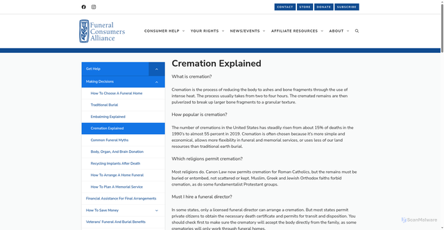 Security scan screenshot of https://www.funerals.org/get-help/making-decisions/cremation-explained/