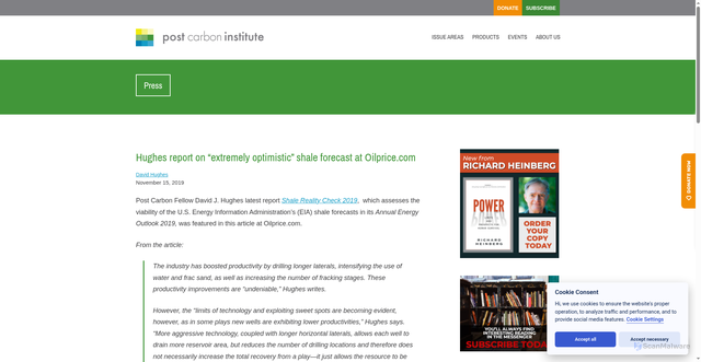 Security scan screenshot of https://www.postcarbon.org/press/hughes-report-on-extremely-optimistic-shale-forecast-at-oilprice-com/