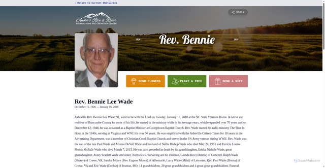 Security scan screenshot of https://www.andersriceandroper.com/obituaries/rev-bennie-lee-wade
