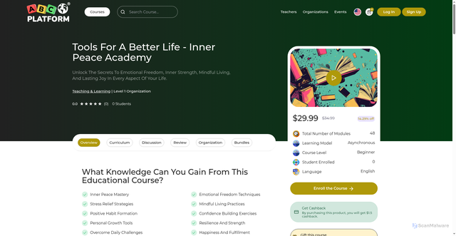 Security scan screenshot of https://abcplatform.com/courses/Teaching-&-Learning/Science-&-Life/Course-Details/C420D/ABC624OR/Tools-For-A-Better-Life---Inner-Peace-Academy
