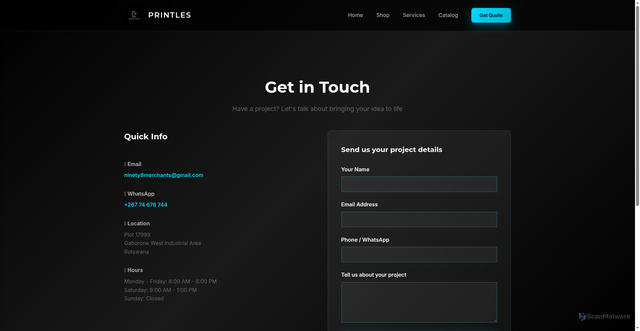 Security scan screenshot of https://printles.co.bw/contact.html