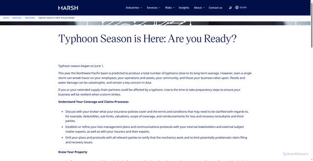 Security scan screenshot of https://www.marsh.com/sg/industries/real-estate/insights/typhoon-season-is-here-are-you-ready.html