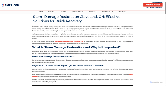 Security scan screenshot of https://www.americonrestoration.com/storm-damage-restoration-cleveland-oh-effective-solutions-for-quick-recovery/