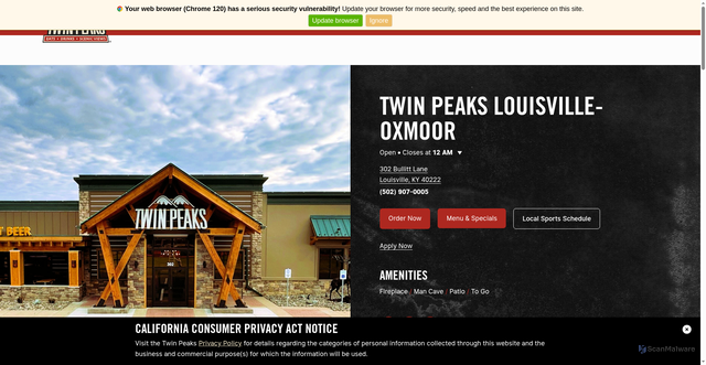 Security scan screenshot of https://twinpeaksrestaurant.com/locations/louisville-oxmoor
