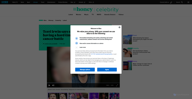 Security scan screenshot of https://celebrity.nine.com.au/latest/robert-irwin-terri-irwin-update-stella-the-pug-pet-cancer-health/f45c4f4f-bc20-4add-9e13-d15208d01852