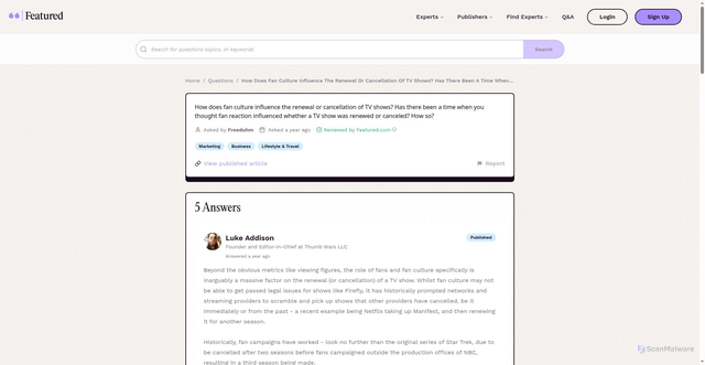 Security scan screenshot of https://featured.com/questions/fan-culture-tv-show-renewal