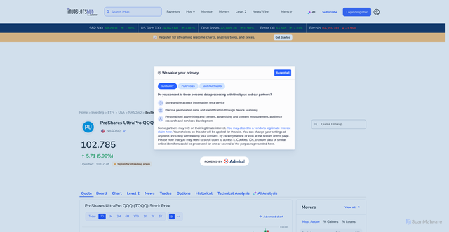 Security scan screenshot of https://investorshub.advfn.com/stock-market/NASDAQ/proshares-ultrapro-qqq-TQQQ/stock-price