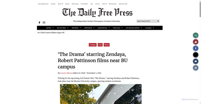 Security scan screenshot of https://dailyfreepress.com/11/04/20/207264/the-drama-starring-zendaya-robert-pattinson-films-near-bu-campus/