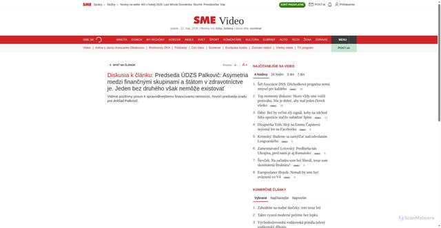 Security scan screenshot of https://www.sme.sk/video/d/predseda-udzs-palkovic-asymetria-medzi-financnymi-skupinami-a-statom-v-zdravotnictve-je-jeden-bez-druheho-vsak-nemoze-existovat