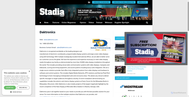 Security scan screenshot of https://www.stadia-magazine.com/supplier-spotlight/daktronics-2