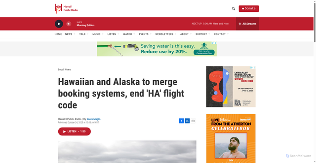 Security scan screenshot of https://www.hawaiipublicradio.org/local-news/2025-10-24/hawaiian-alaska-merge-booking-systems-ha-flight-code