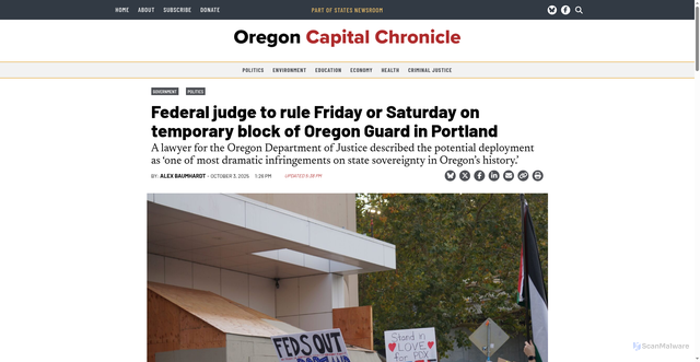 Security scan screenshot of https://oregoncapitalchronicle.com/2025/10/03/federal-judge-to-rule-friday-or-saturday-on-temporary-block-of-oregon-guard-in-portland/