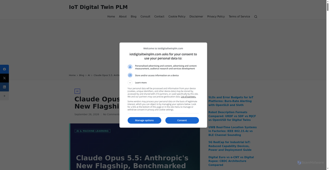Security scan screenshot of https://iotdigitaltwinplm.com/claude-opus-5-5-anthropic-flagship-model/