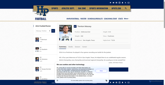 Security scan screenshot of https://hpusports.com/sports/football/roster/trenton-massey/2475