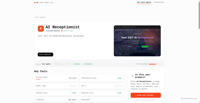 Security scan screenshot of https://voiceagentlist.com/vendors/ai-receptionist-b76294