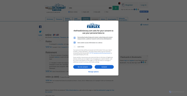 Security scan screenshot of https://financial-dictionary.thefreedictionary.com/retire