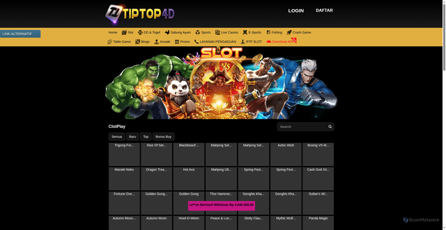 Security scan screenshot of https://apktiptoplock.sbs/desktop/game/slot/clotplay