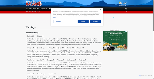 Security scan screenshot of https://www.wcax.com/weather/alerts/