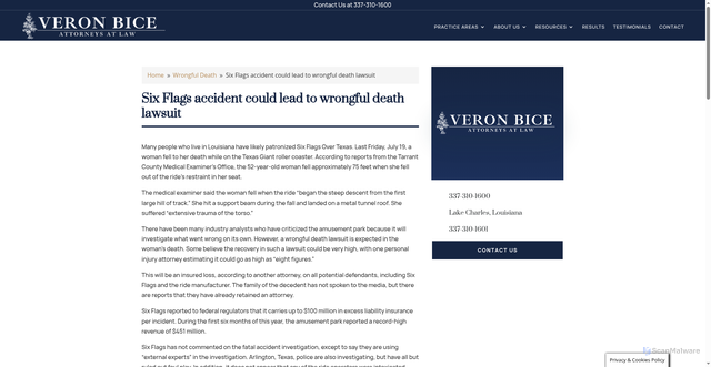 Security scan screenshot of https://veronbice.com/six-flags-accident-could-lead-to-wrongful-death-lawsuit/