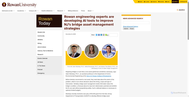 Security scan screenshot of https://today.rowan.edu/news/2025/12/rowan-engineers-to-develop-ai-tools-for-bridge-asset-management.html